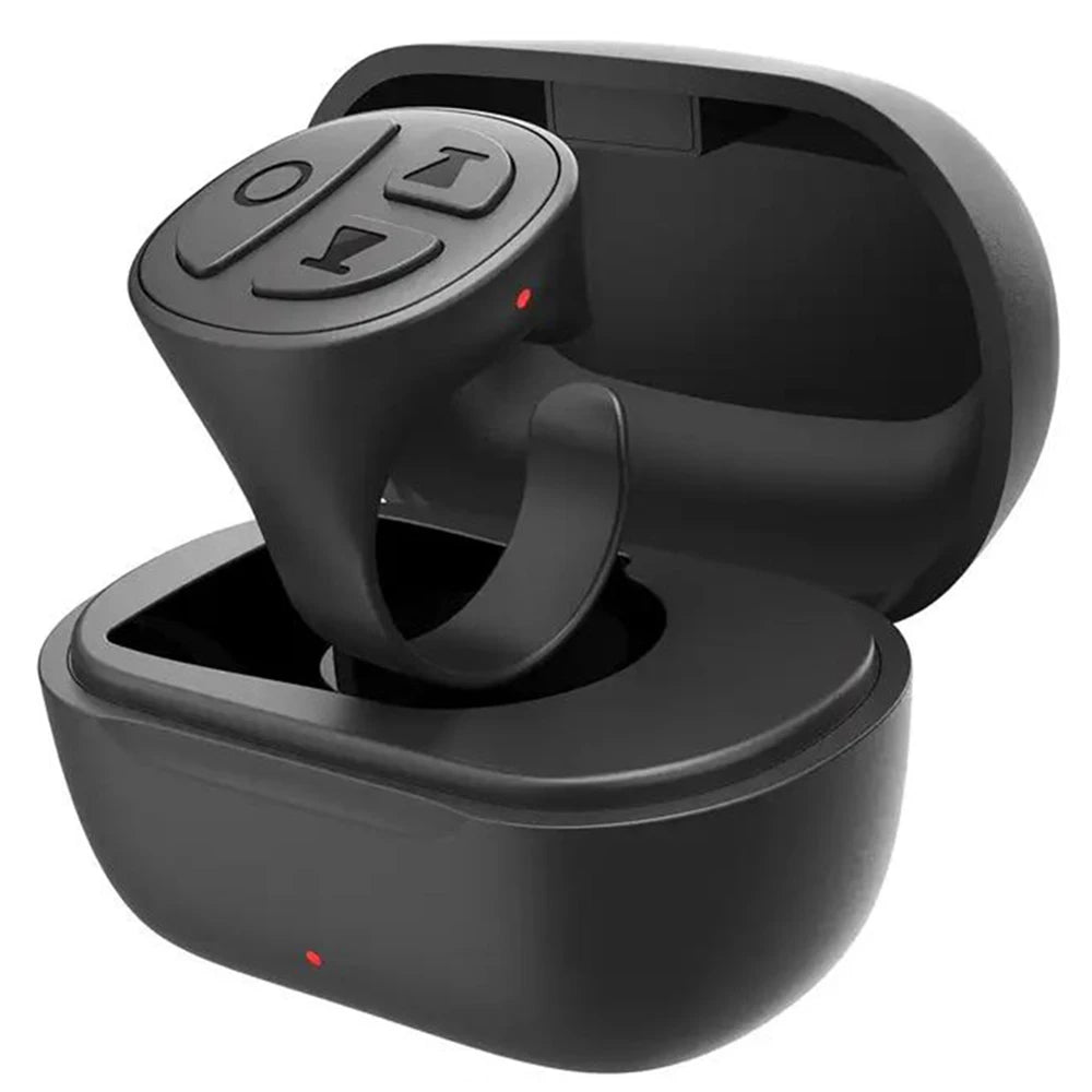 GITFO Bluetooth smart ring in matte black resting inside its matching magnetic charging case with LED indicator BeTrendy